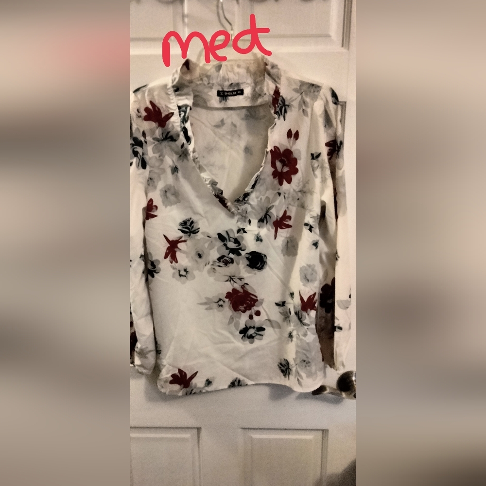 Sheilay Elegant Floral V-Neck Blouse - Red and Black on White
